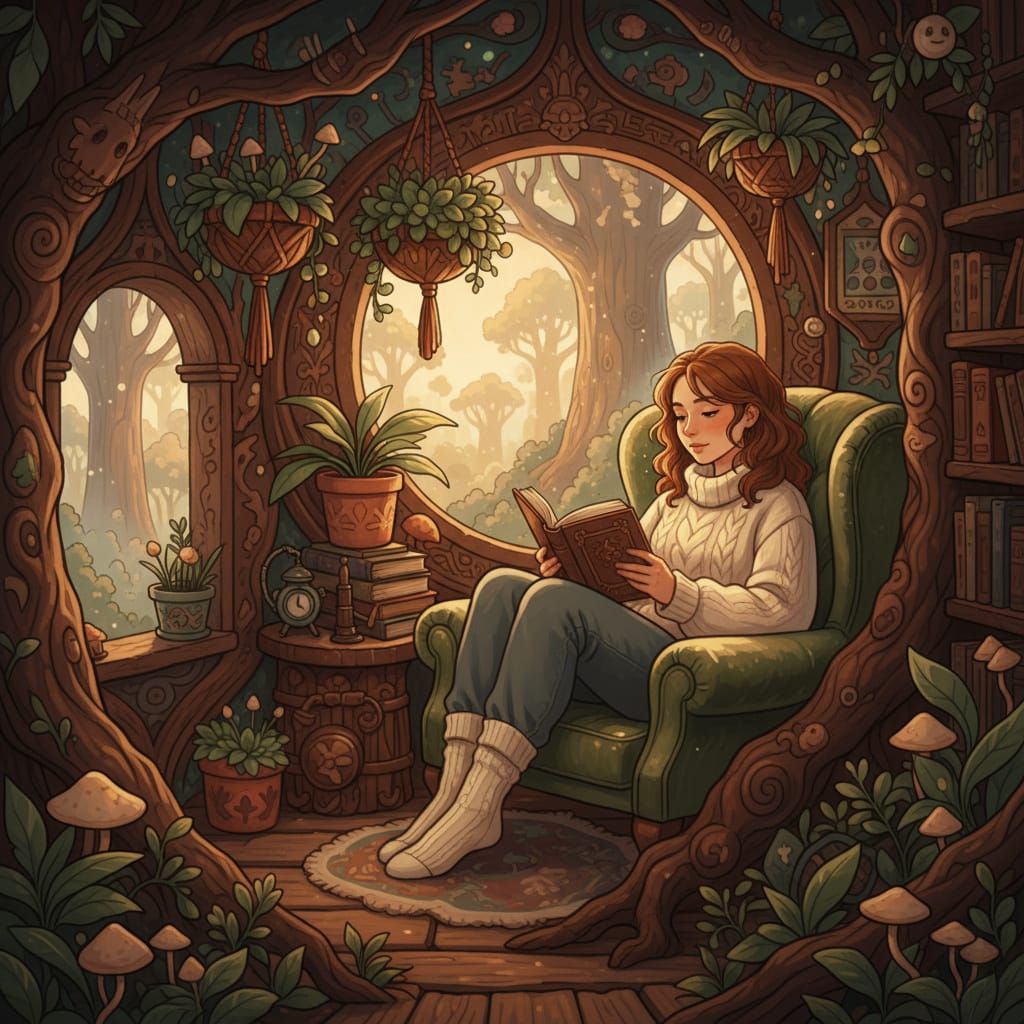 Cozy Reading Nook in Whimsical Treehouse