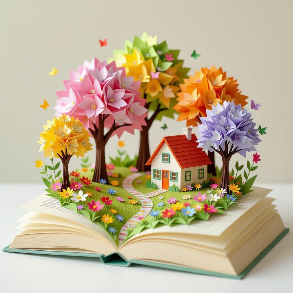 Origami Spring Meadow Bursting From Paper Book