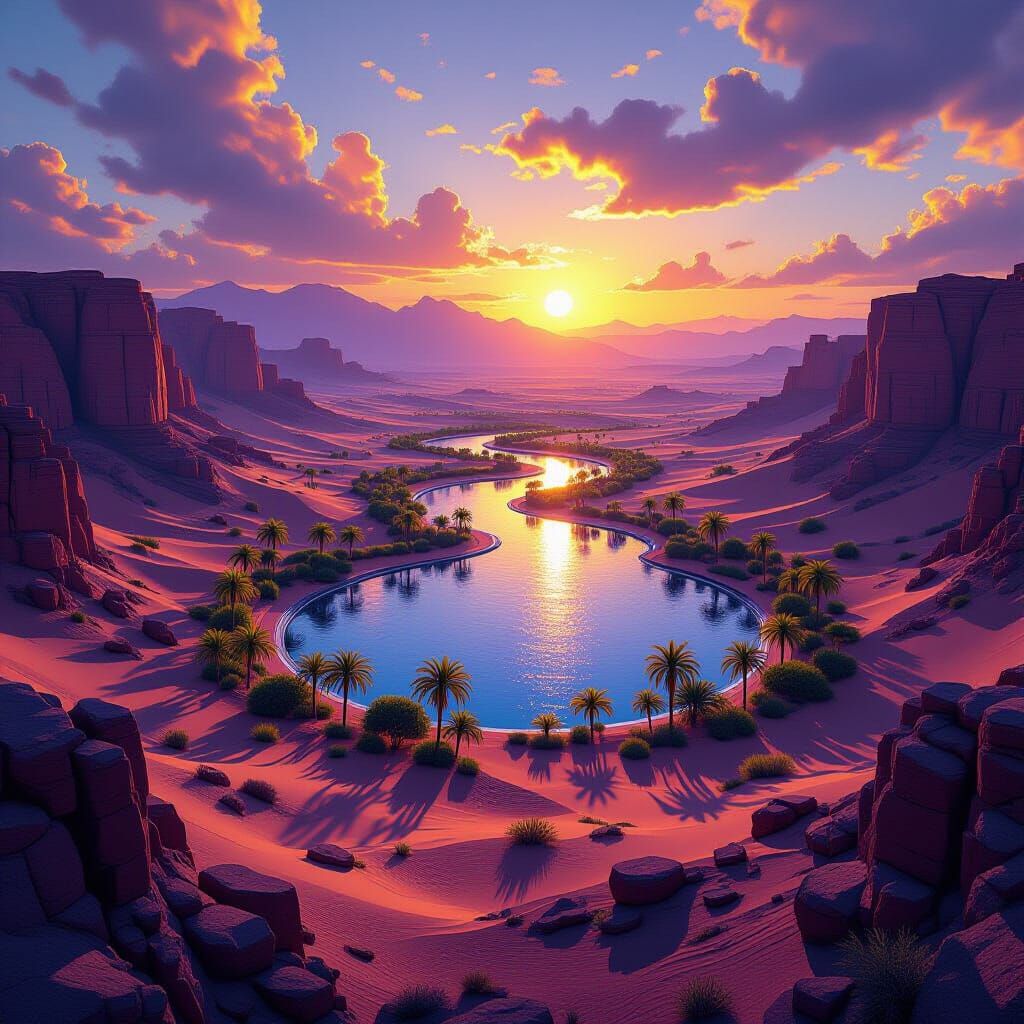 Breathtaking Desert Oasis at Center, Dark Fantasy Concept Ar...