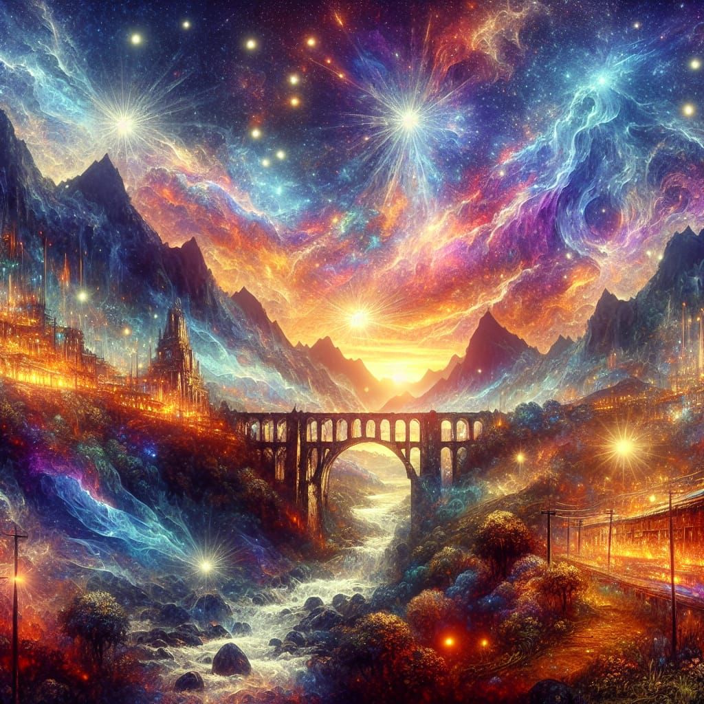 Sunrise Over Misty Mountains Bridge: Holographic Illustratio...