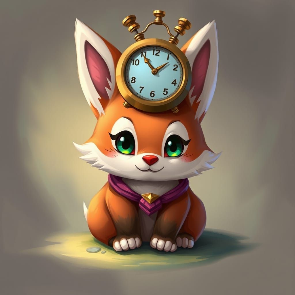 Cute Fantasy Fox with Clock Headpiece in Hearthstone Art Sty...