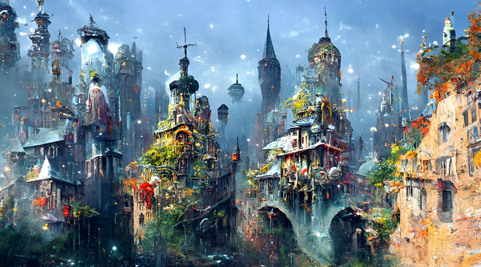 Rainy Medieval City with Auroras, Digital Matte Painting