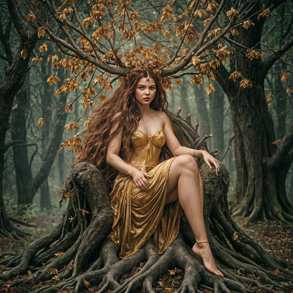 Regal Dryad in Autumn Forest with Glowing Embers
