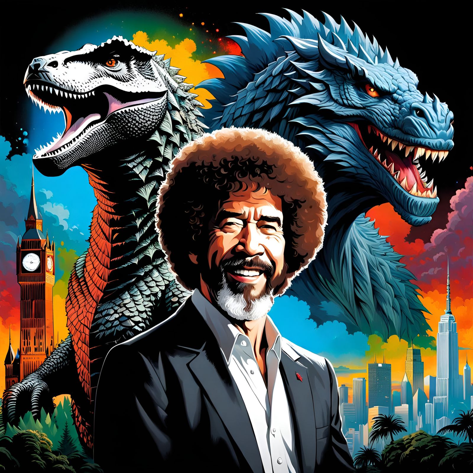 Godzilla Bob Ross Portrait in Renaissance Style