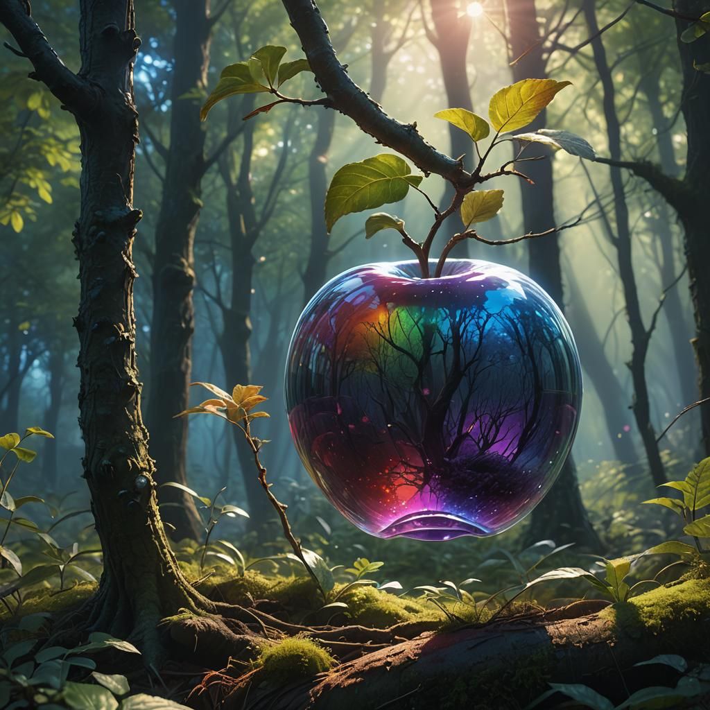 Rainbow Glass Apple in Mystical Forest