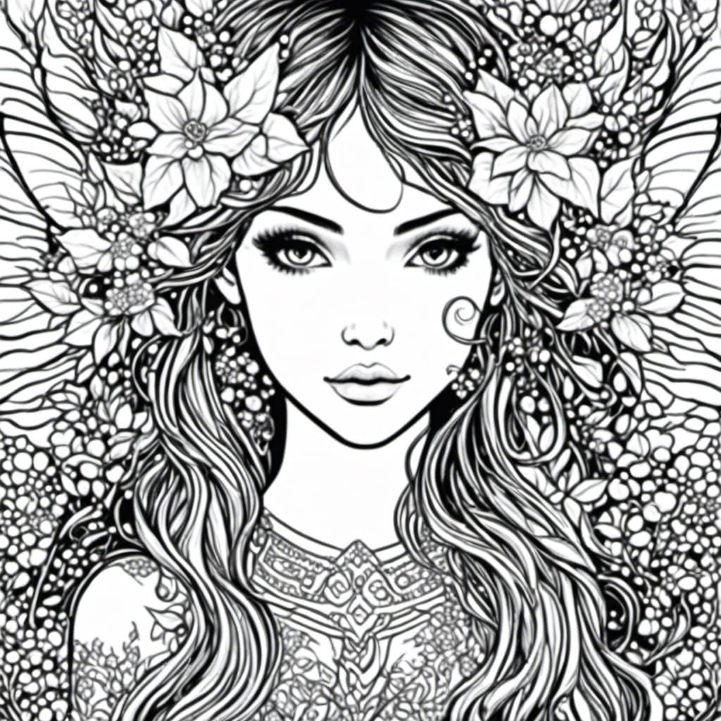 Fairy Elf Coloring Book Page with Floral Design