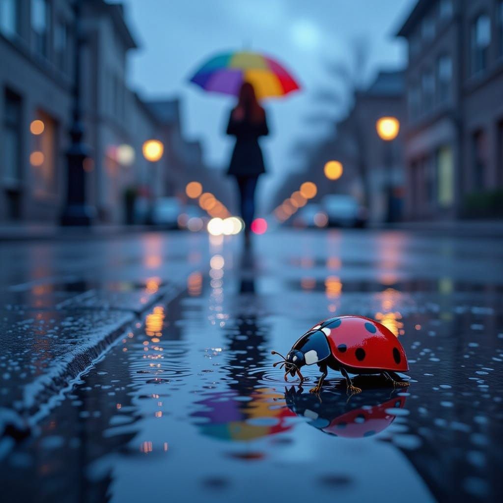 Crimson Ladybug on Granite Curb in Neon Reflections