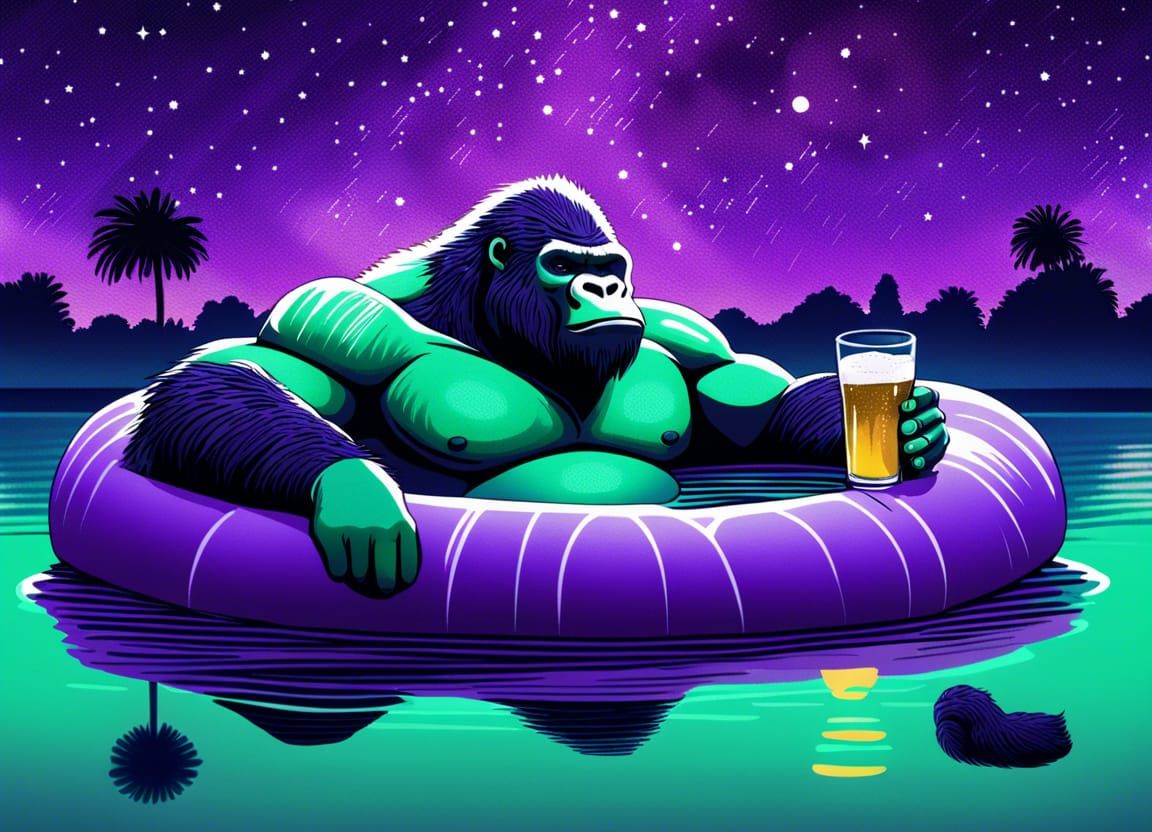 Gorilla Bodybuilder Floats Under Starry Sky