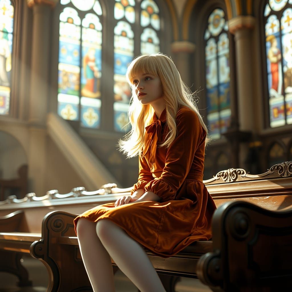 Cinematic Image of a Blonde Figure in Church
