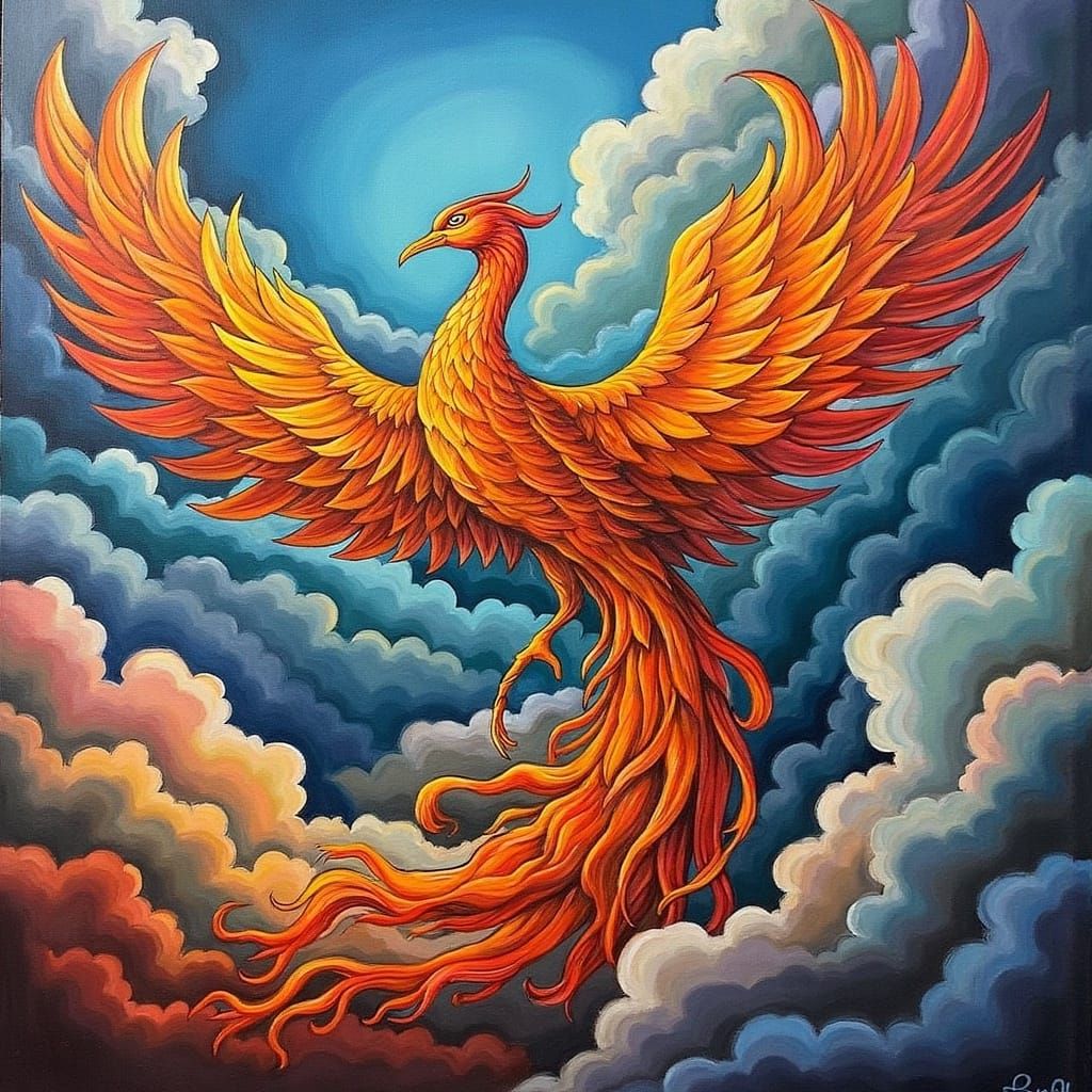 Phoenix Bird Emerges from Vibrant Fractal Clouds