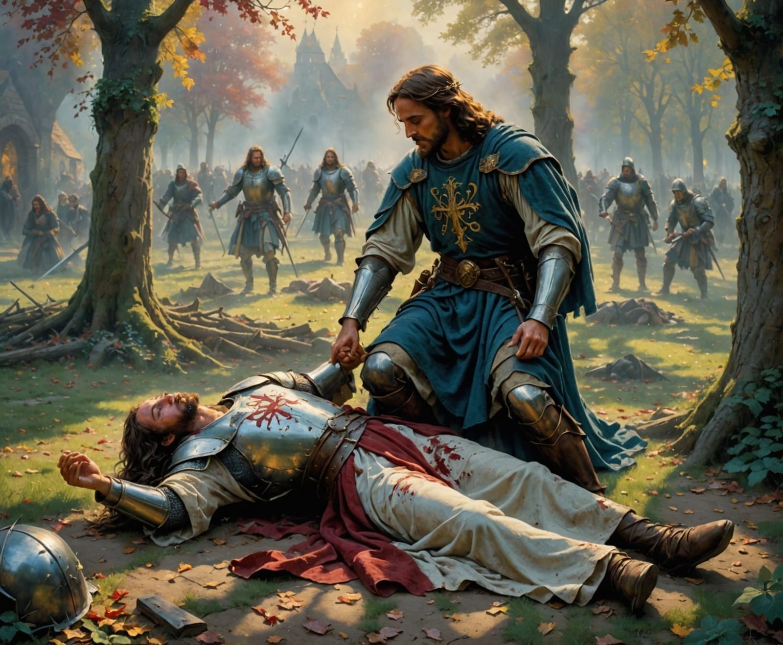 Jesus Comforts Wounded Knight: Ethereal Fantasy Scene