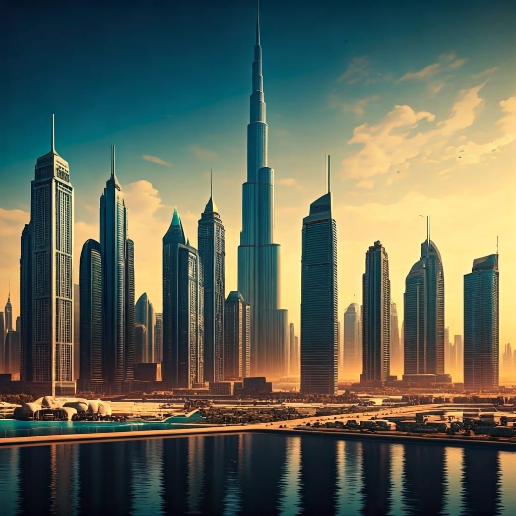 Futuristic Dubai Vintage Travel Poster, Matte Painting