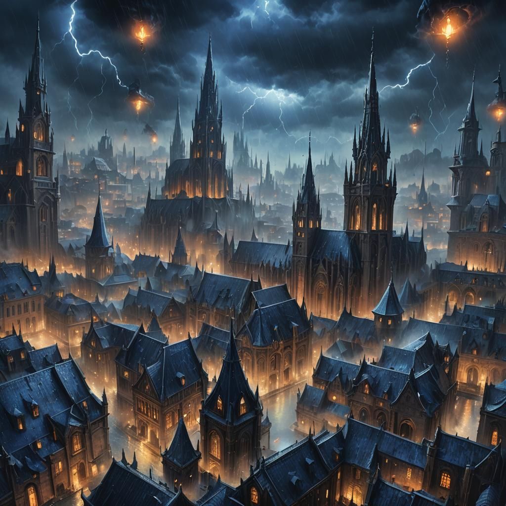Dark Fantasy Cityscape with Gothic Architecture