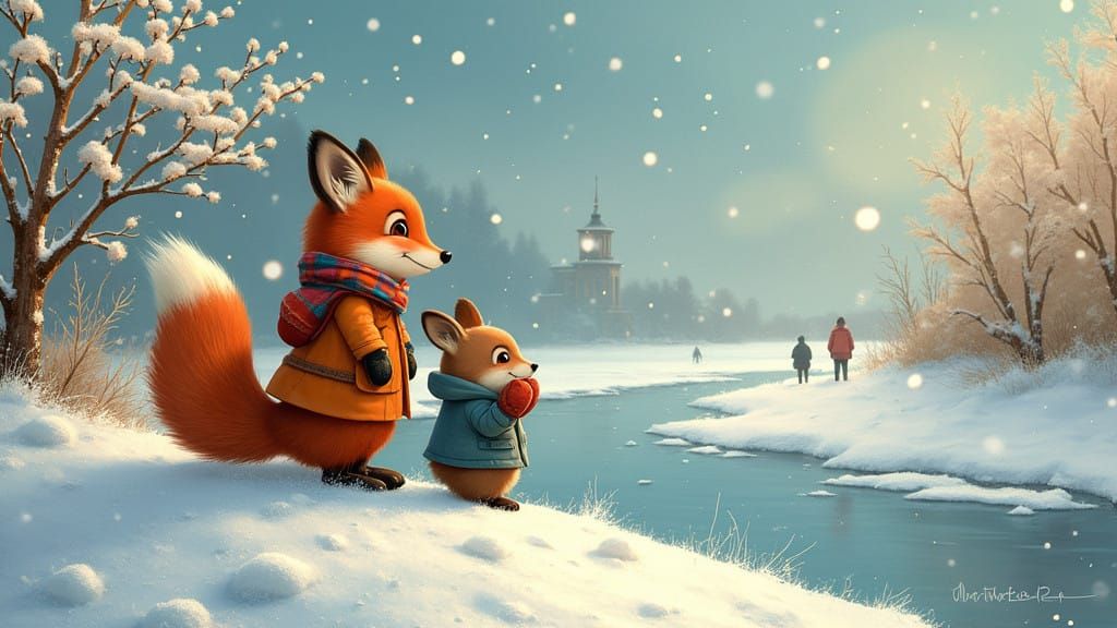 Winter Whimsy: Fox, Hare, and Squirrel in Ukrainian Snowscap...