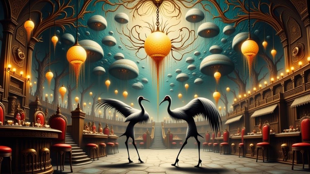 An opulent ballroom scene where  the dancers are elegant, cr...