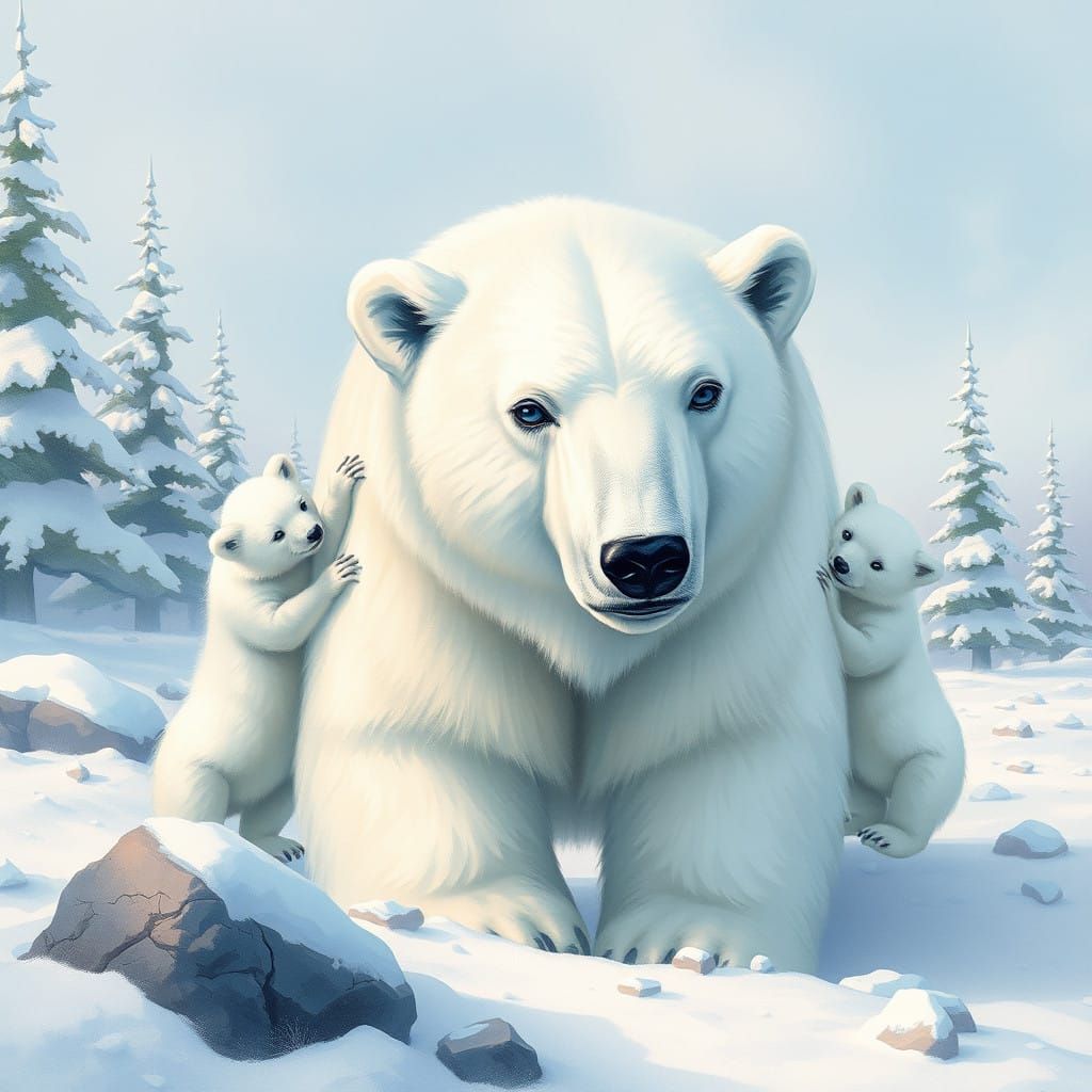 White bear with two babies