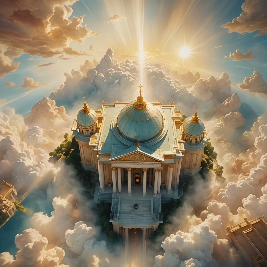 Ethereal Temple in Heavenly Sunshine: Watercolor Style