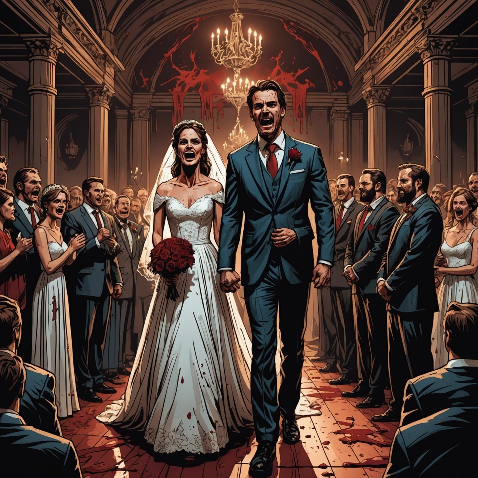 Horror: Bloody Wedding Ceremony in Comic Book Style