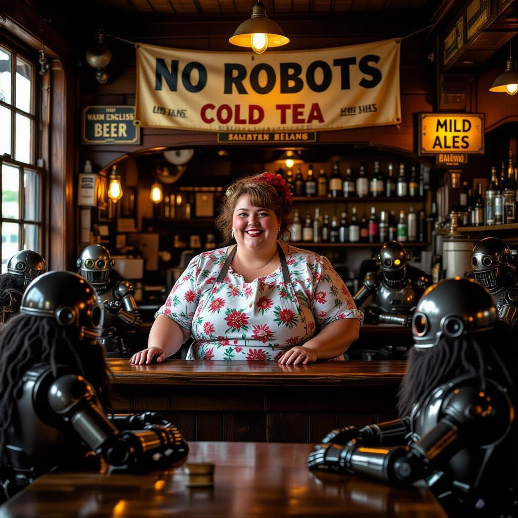 Dystopian Pub Scene with Metalhead Robots