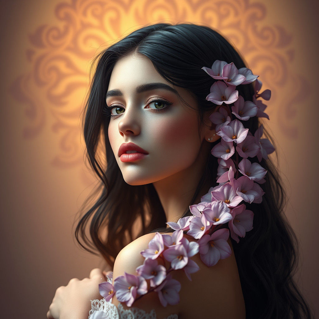 Ethereal Lavender Flower Portrait in Art Nouveau Style