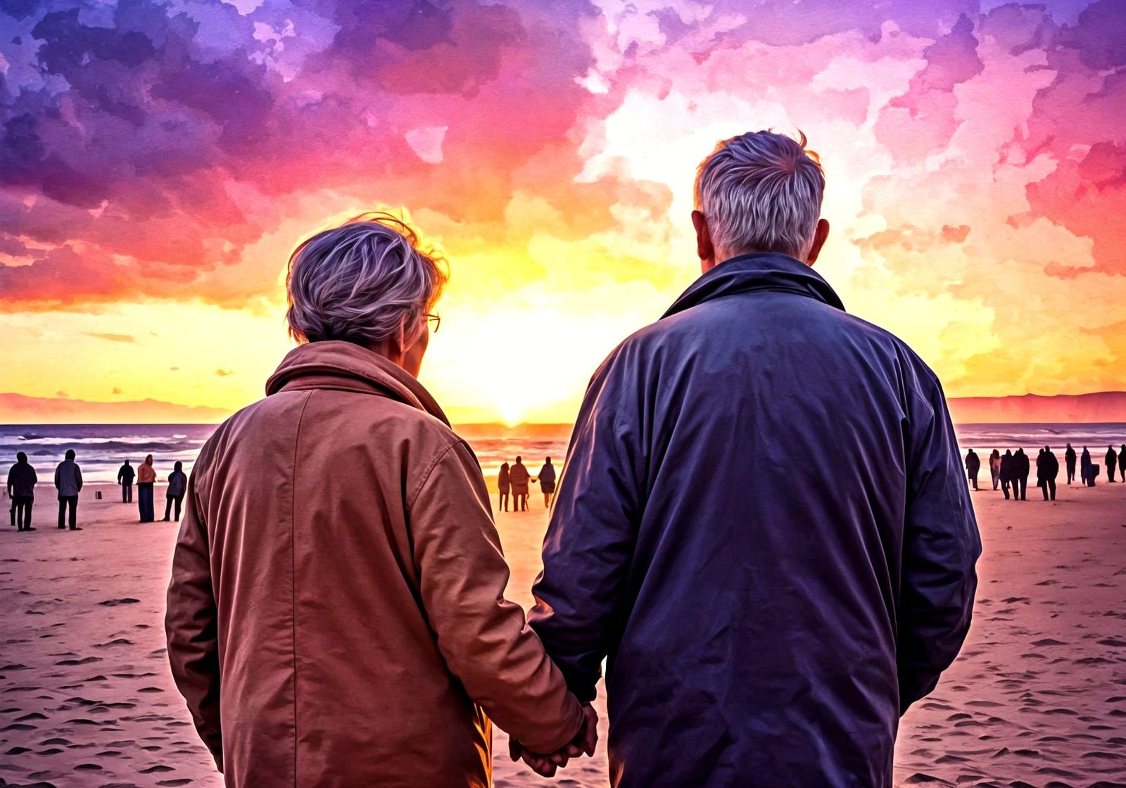 Romantic Beach Sunset in Vibrant Watercolour