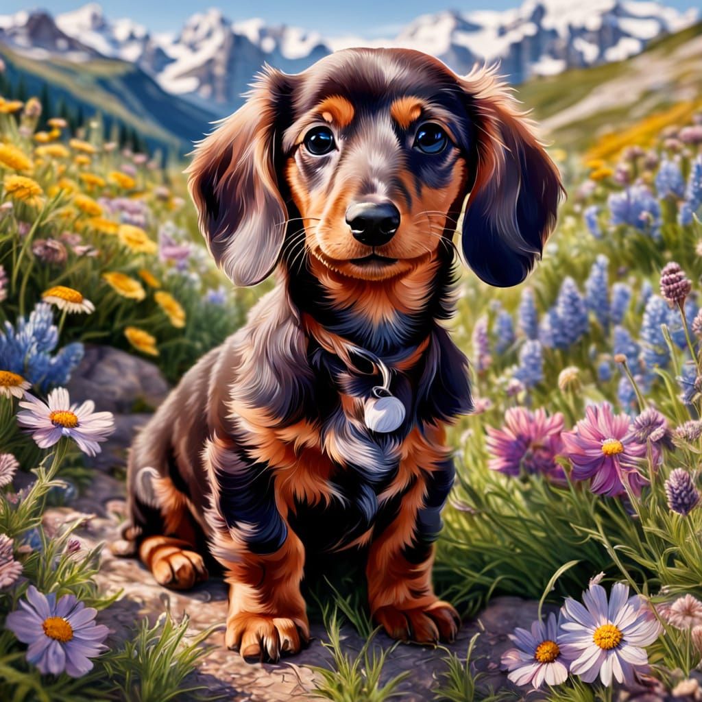 Vibrant Alpine Dachshund Puppy in a Field of Wildflowers