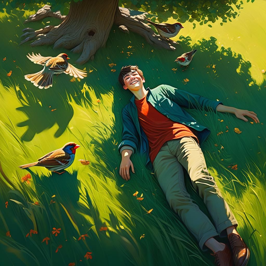 Boy Relaxing in Meadow, Whimsical Fantasy Art