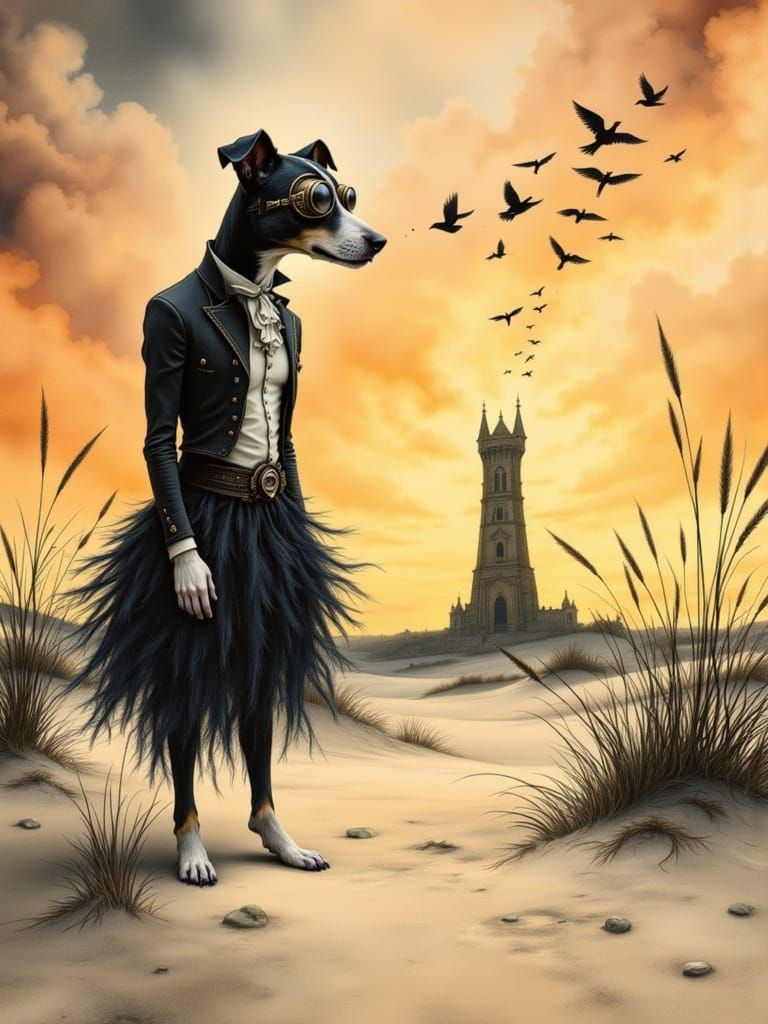 Steampunk Dog Stands Tall Amidst Dreamlike Landscape