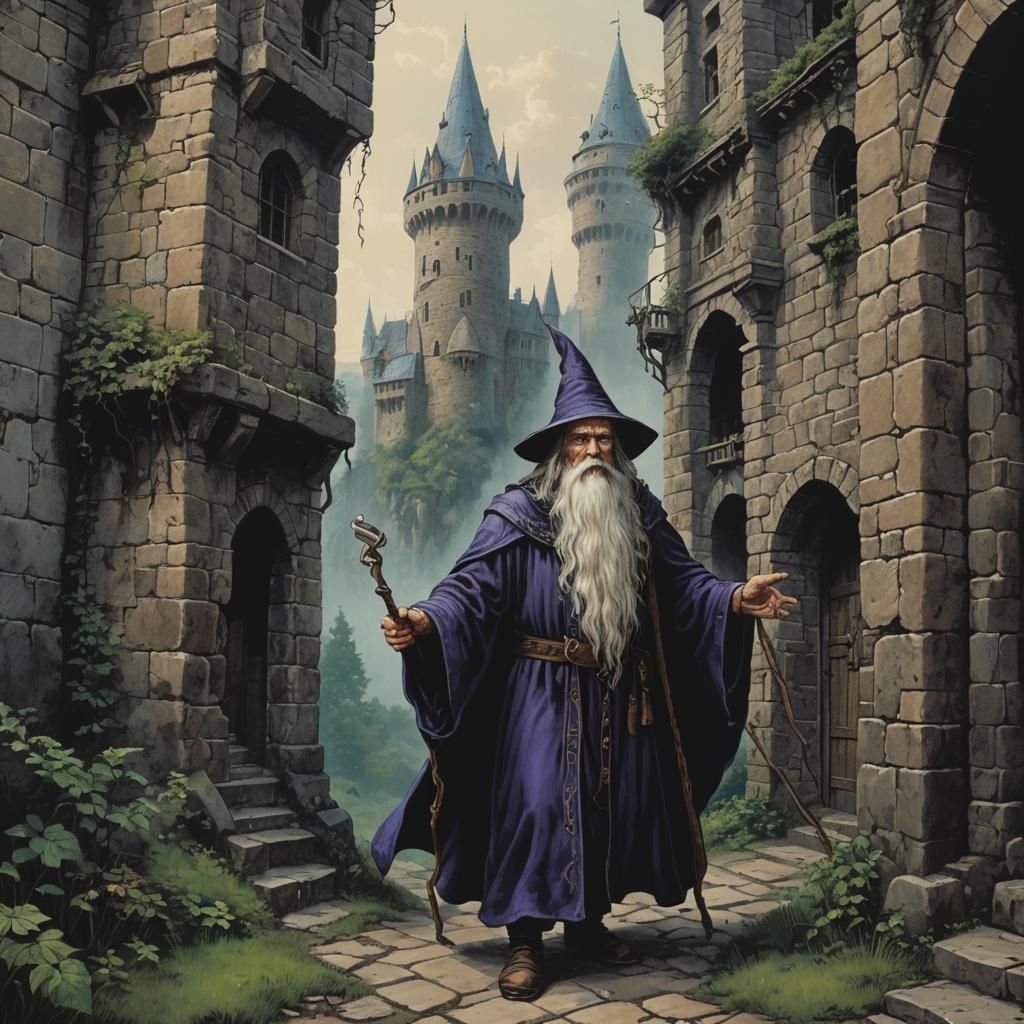 Wizard Approaches Tower in 8-bit Style