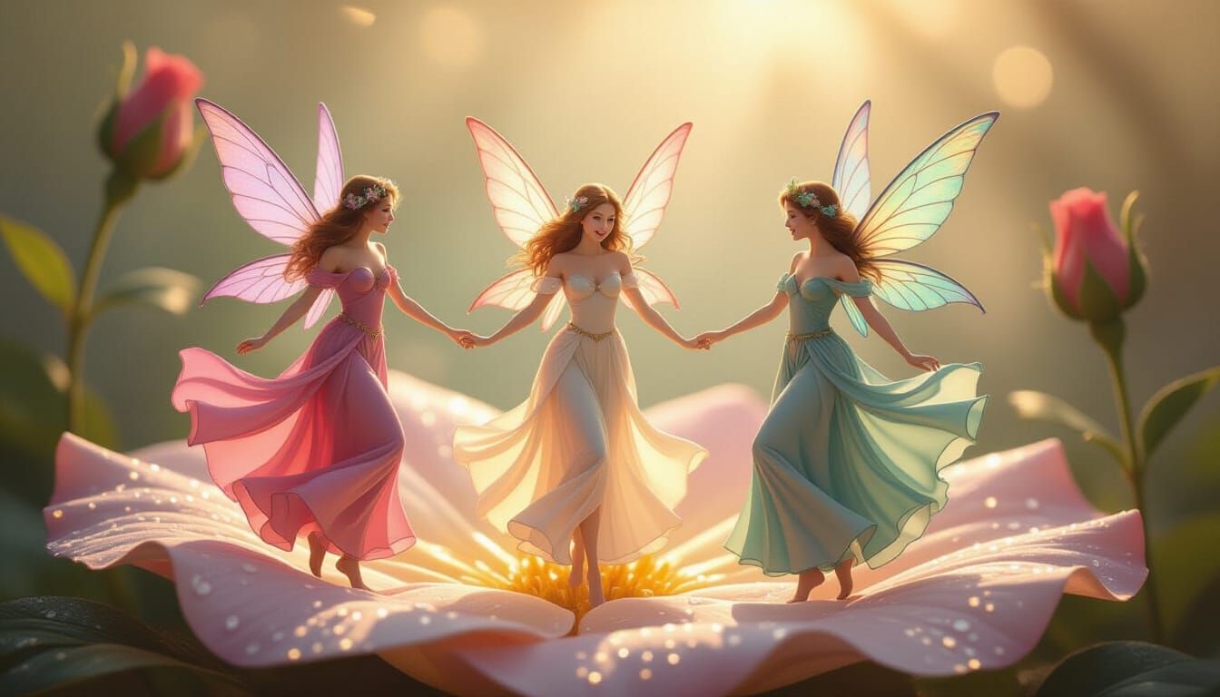 Fairies Dancing on Rose Petal in Fairy Art Style