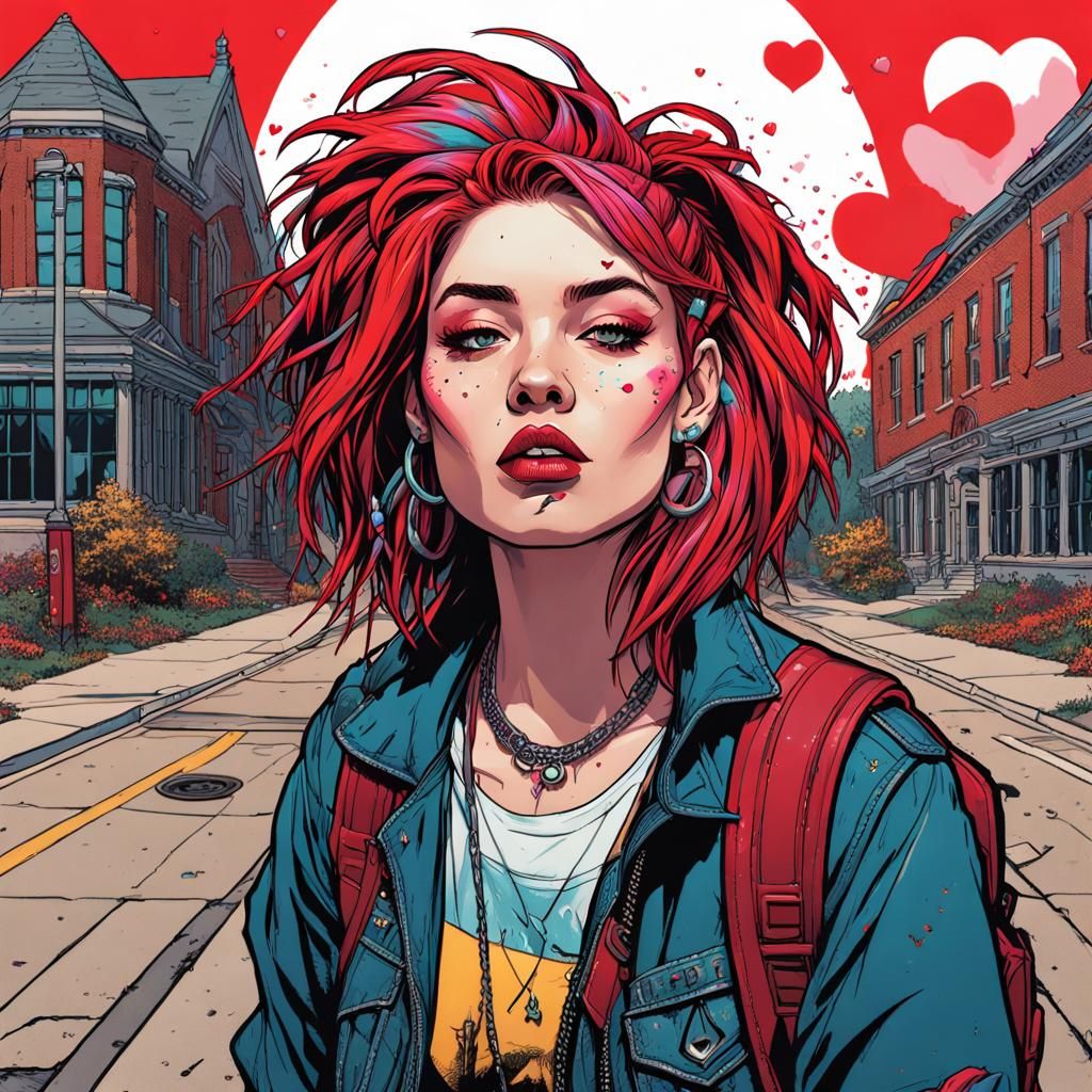 Punk Girl with Bubblegum in Red and Black Splash Art