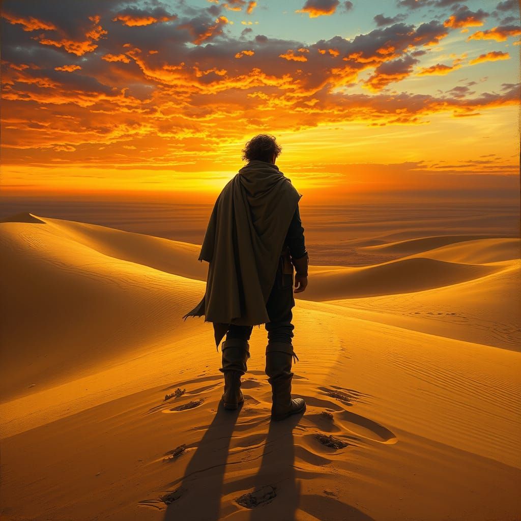 Traveler Gazes at Desert Oasis in Romantic Style