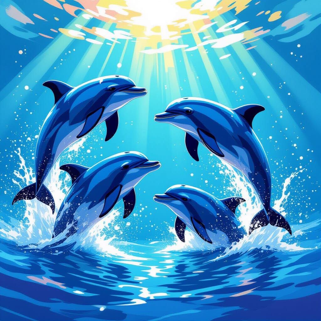 Dolphins Splash in Vibrant Ocean, Dynamic Brushstrokes