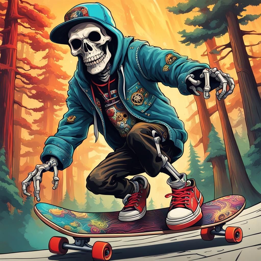 Hyperrealistic Punk Rock Skeleton Skateboarding in Carnival