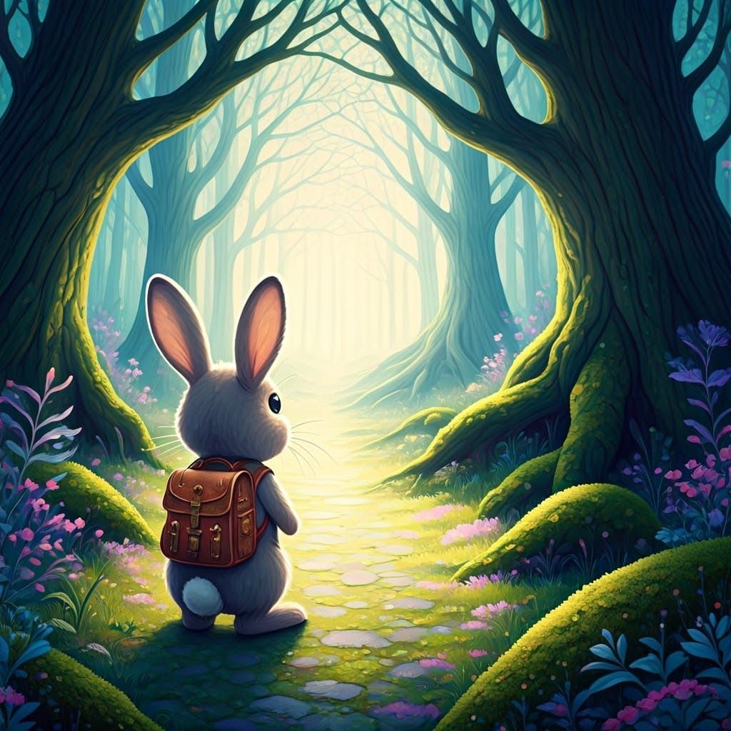 Whimsical Bunny Stands at Edge of Enchanted Forest