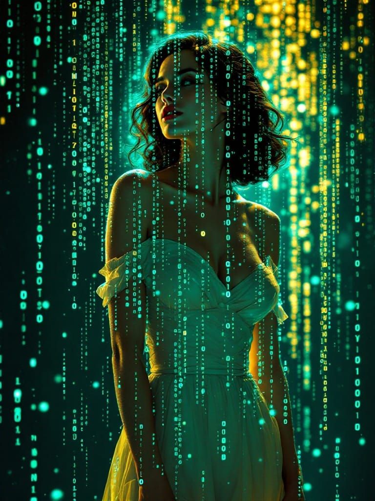 Cyberpunk Goddess Surrounded by Digital Code