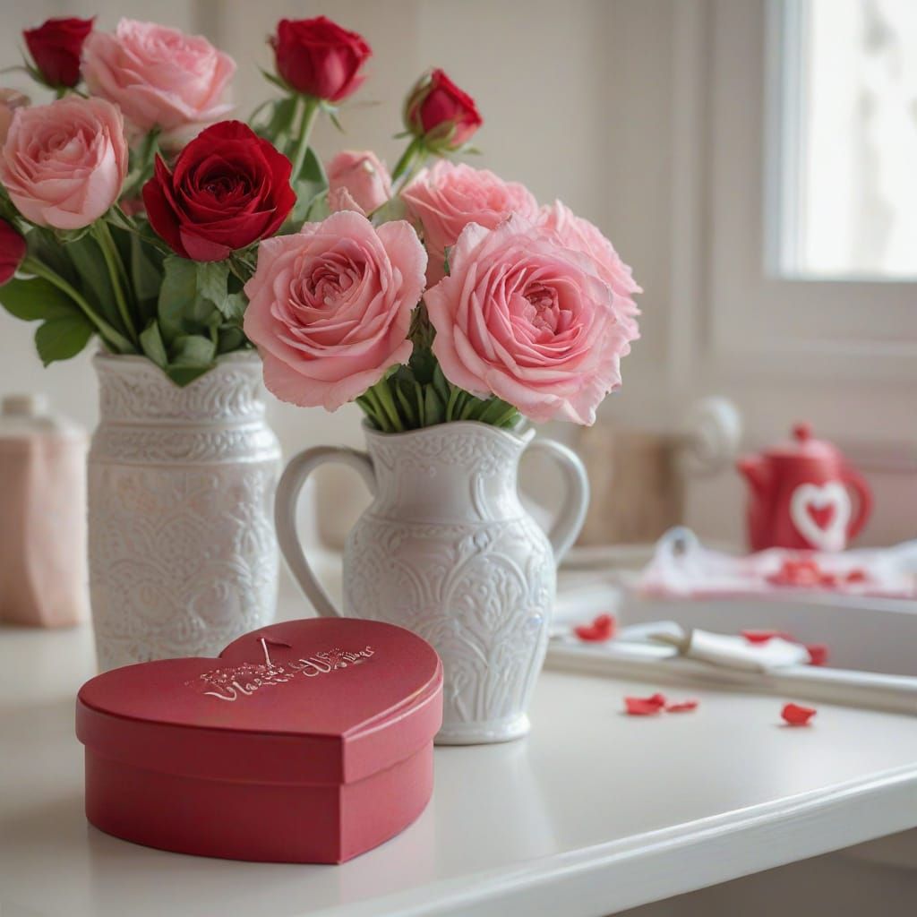 Warm Valentine's Day Still Life with Heart-Shaped Box and So...