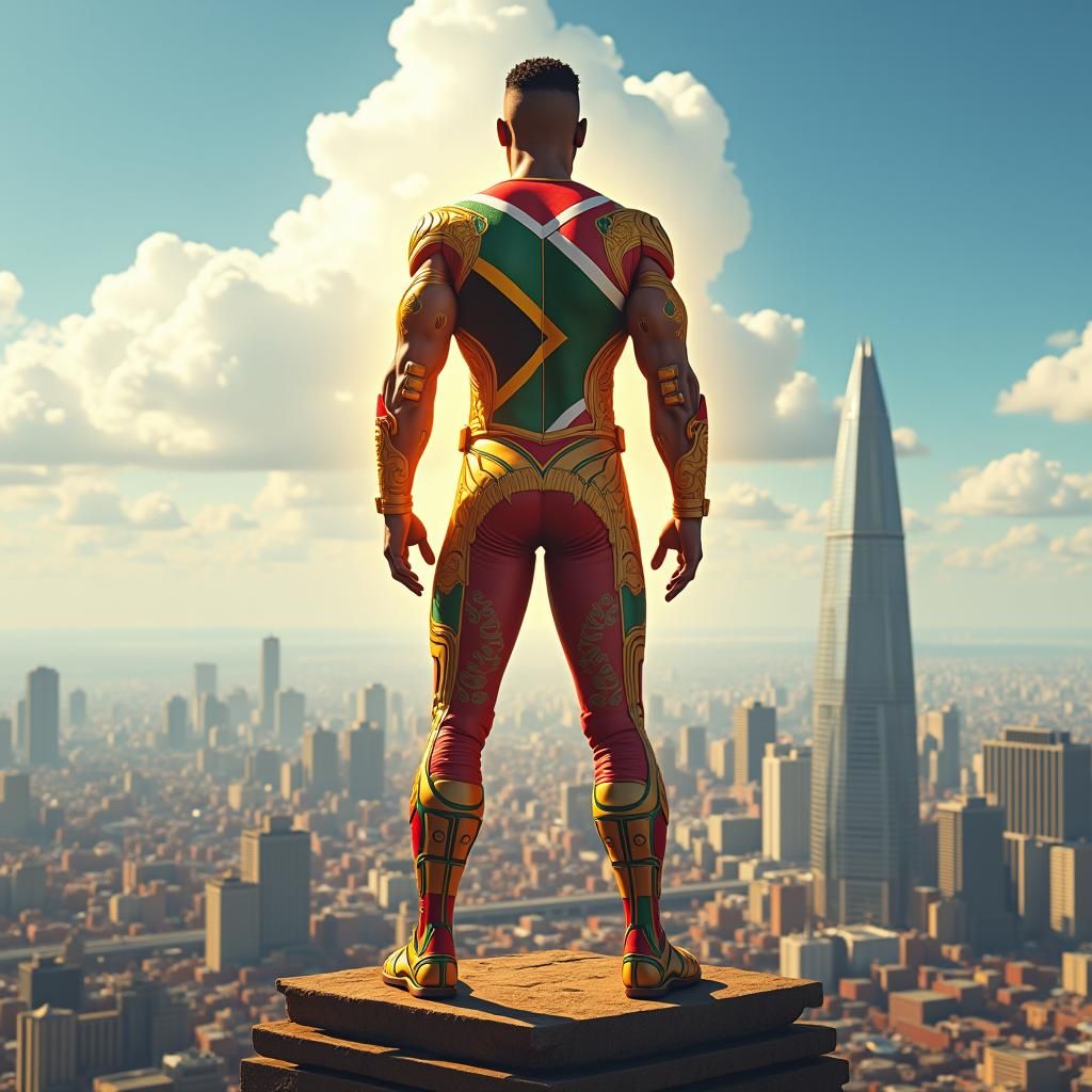 African Superhero Over Johannesburg in Photoreal Style