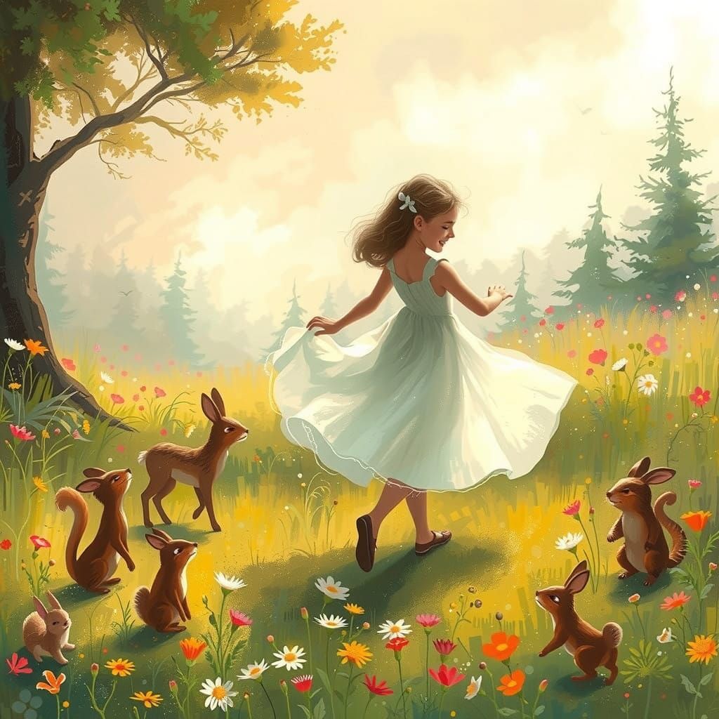 Joyful Girl Dancing Amidst Vibrant Flowers in Impressionist ...