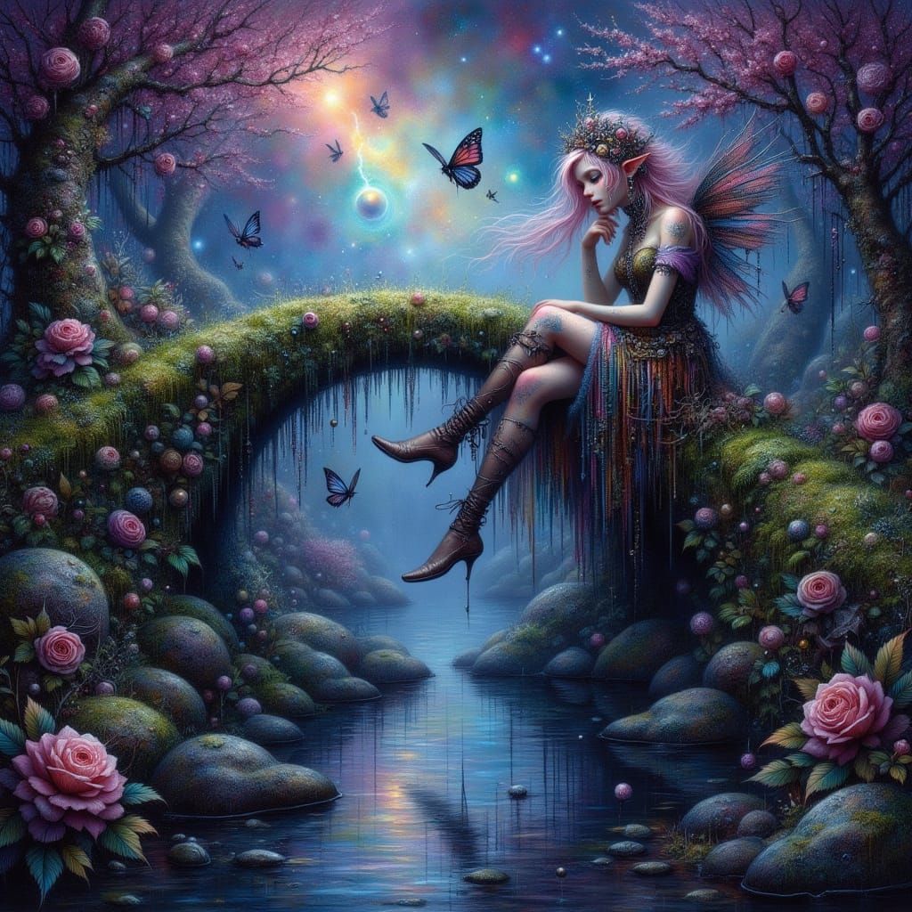 Mossy Stone Bridge Over River Reflecting Nebulae Sky