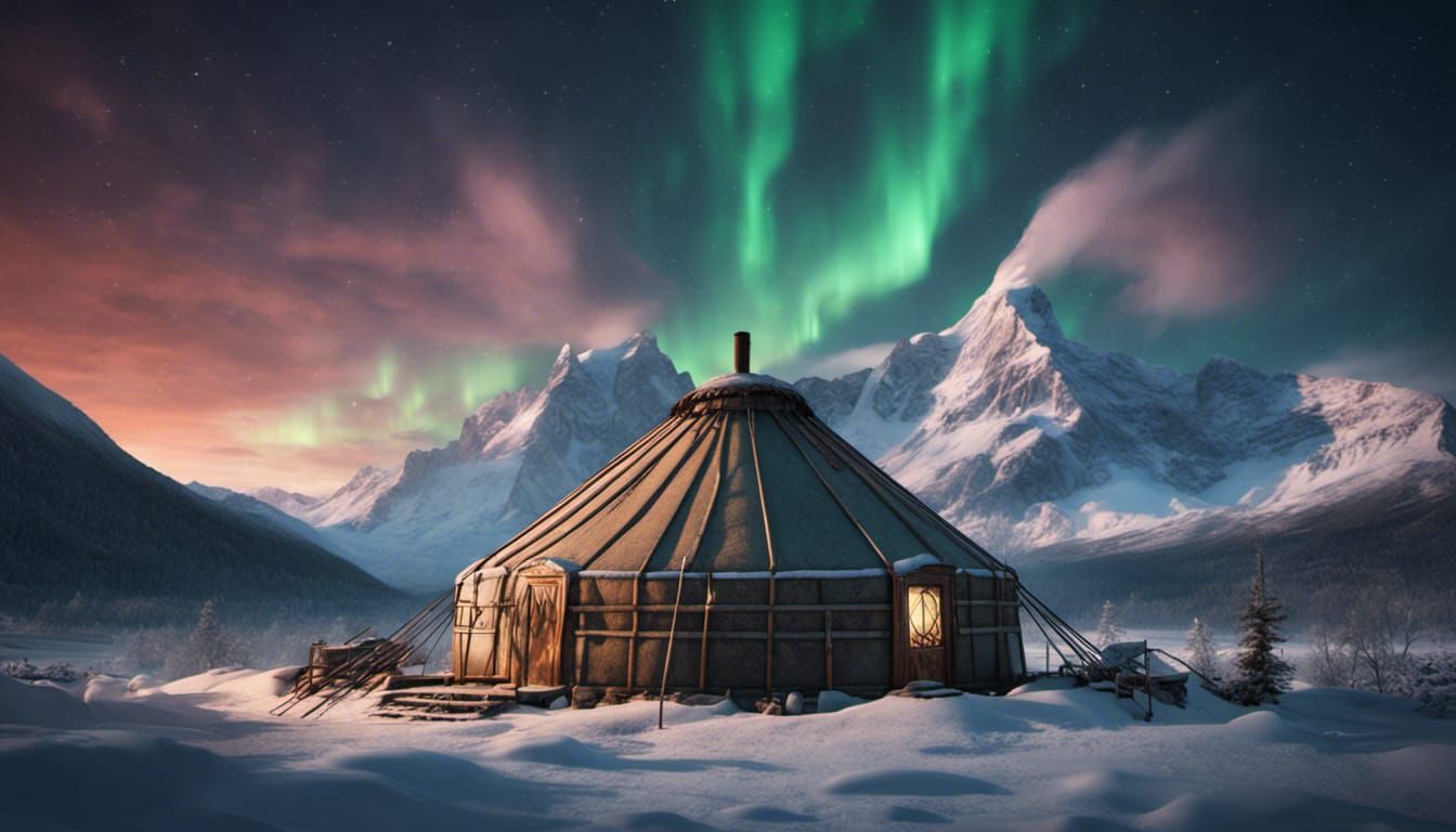 Aurora Borealis Over Snow-Covered Mountain Yurt