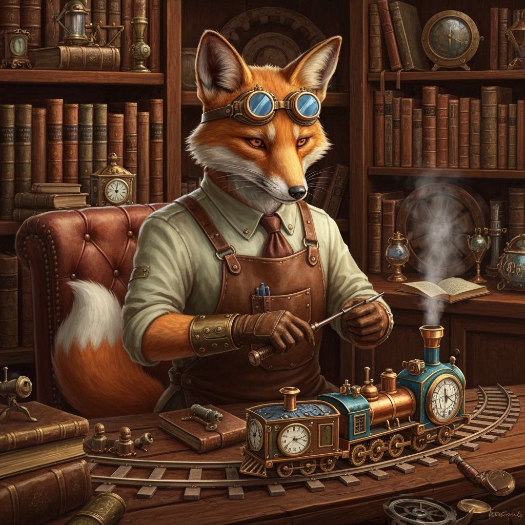 Steampunk Fox Tinkering with Clockwork Train