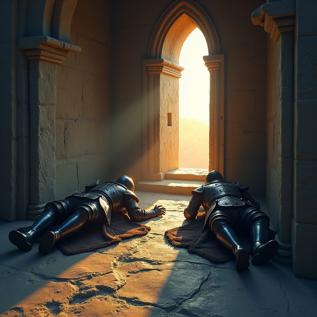 Knights Awaken in Stone Chamber: Dark Fantasy Art