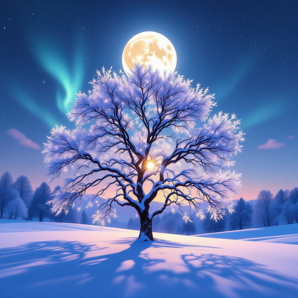 Ethereal Winter Tree With Crystal Leaves Under Bright Moon