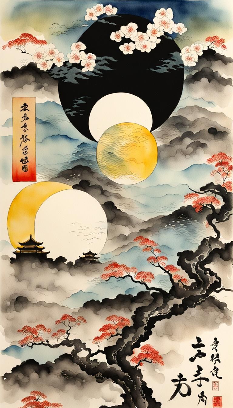 Ukiyo-e Landscape with Watercolor and Alcohol-Ink