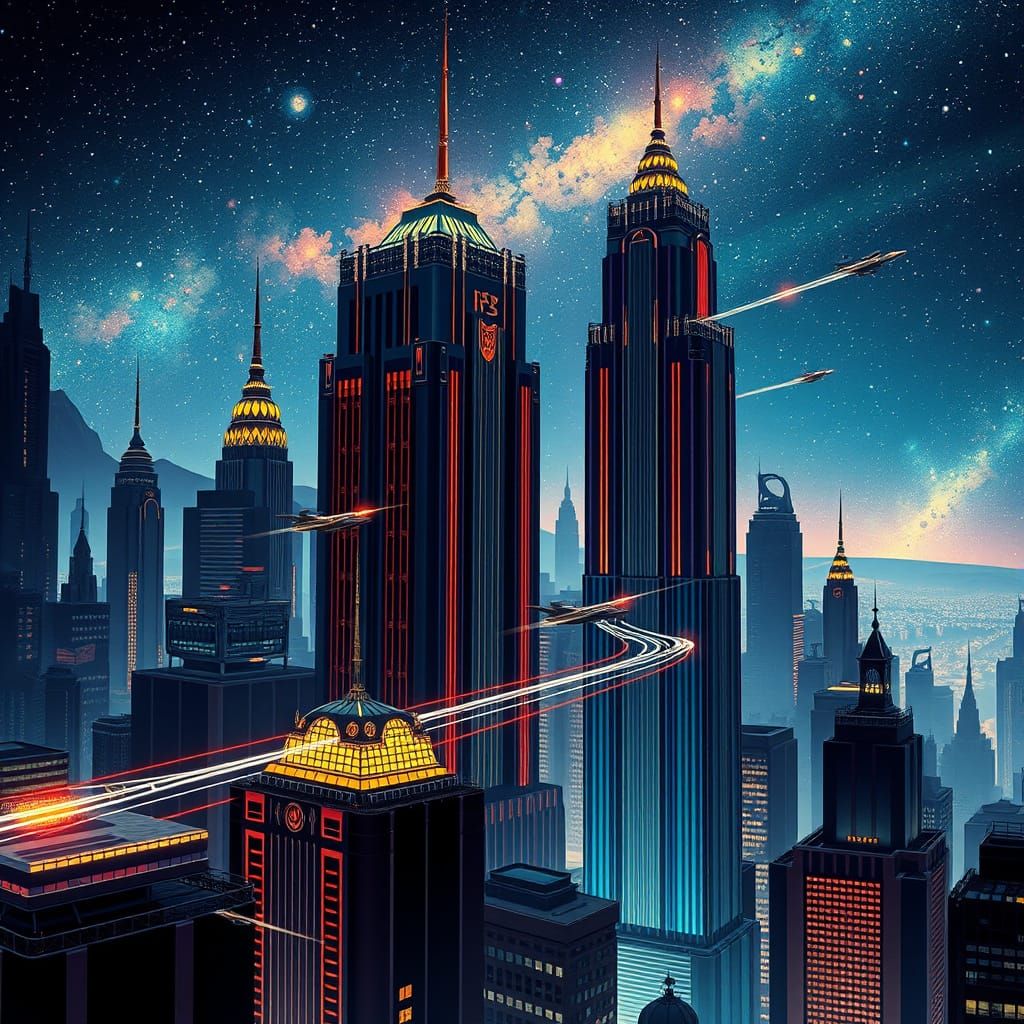 Celestial Art Deco Cityscape with Flying Vehicles at Night