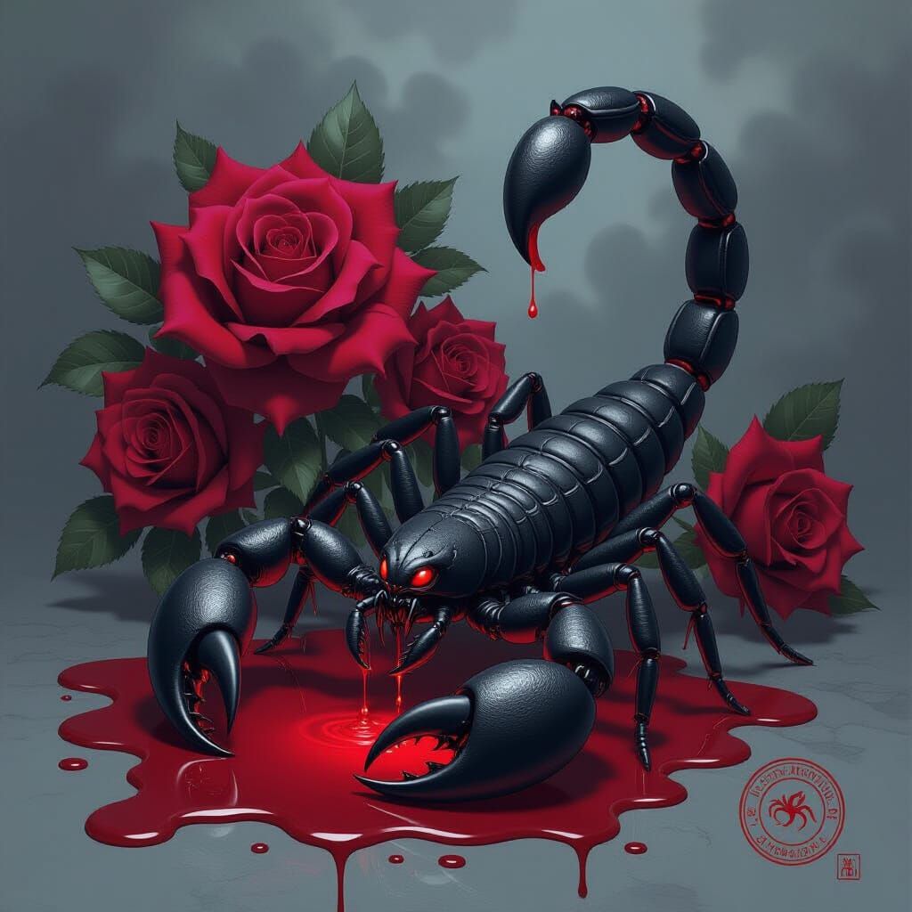 Scorpion and Roses Illustration in Rutkowski Style