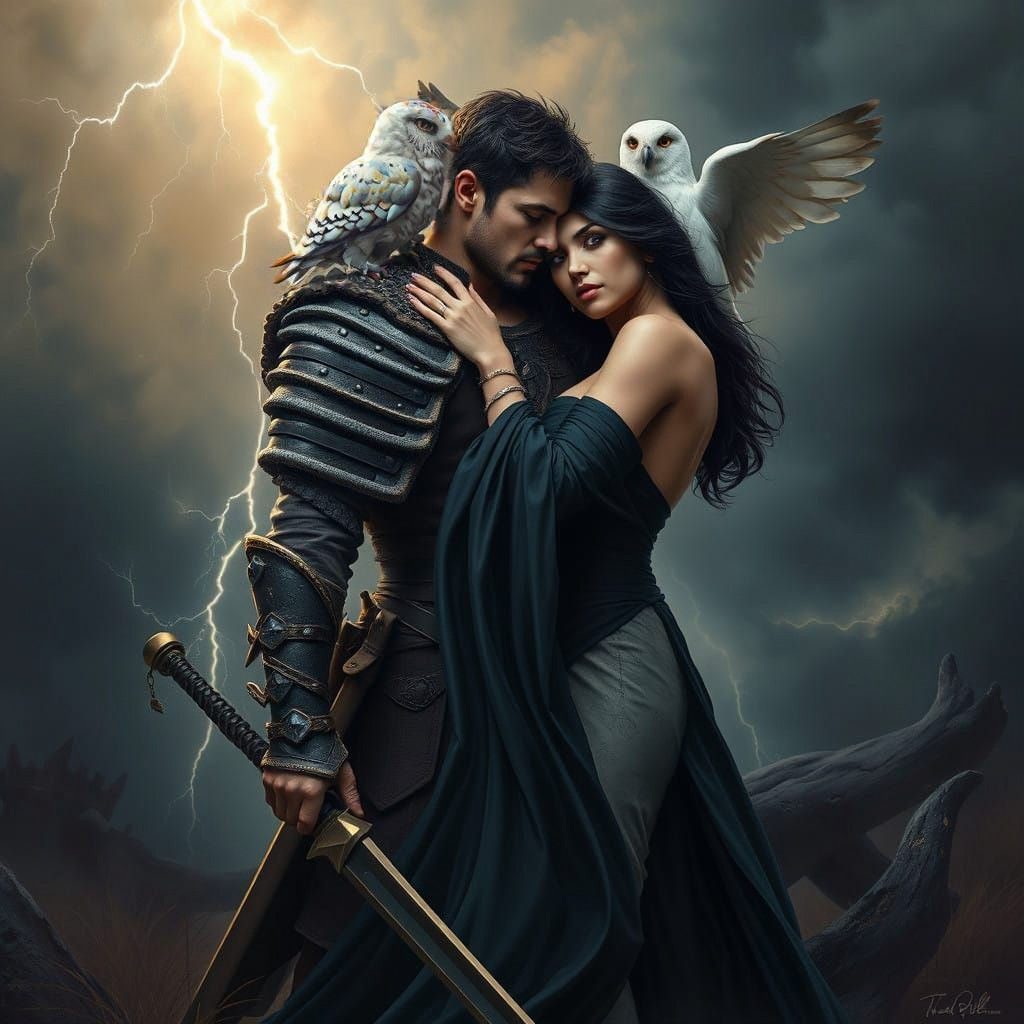 Warrior Man with White Owl in Forbidden Love Fantasy Scene