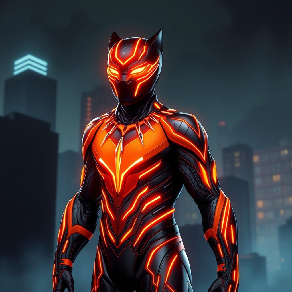 Neon Orange Black Panther Suit in Futuristic City