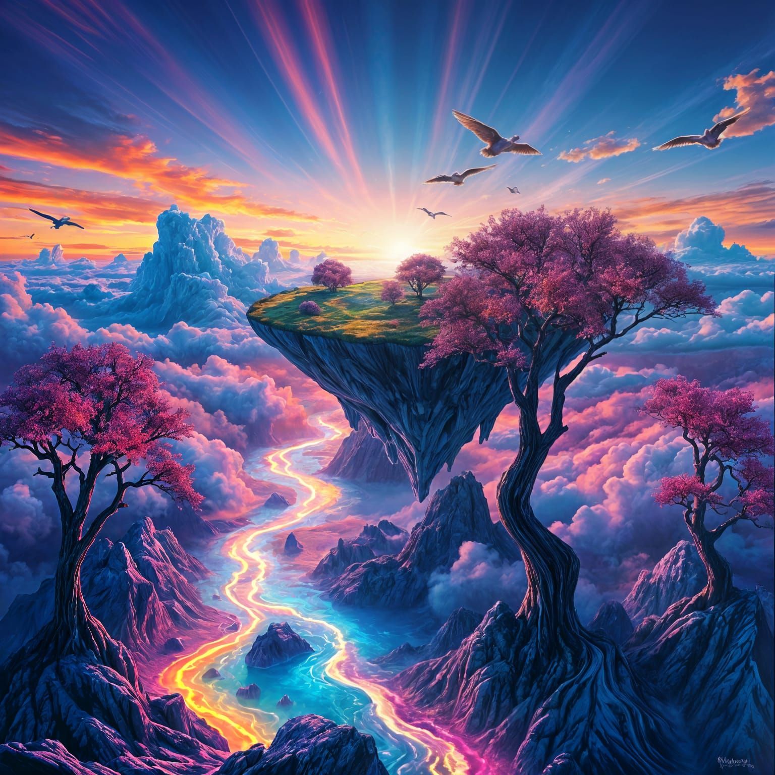 Majestic Floating Island in Vibrant Sunset Hues